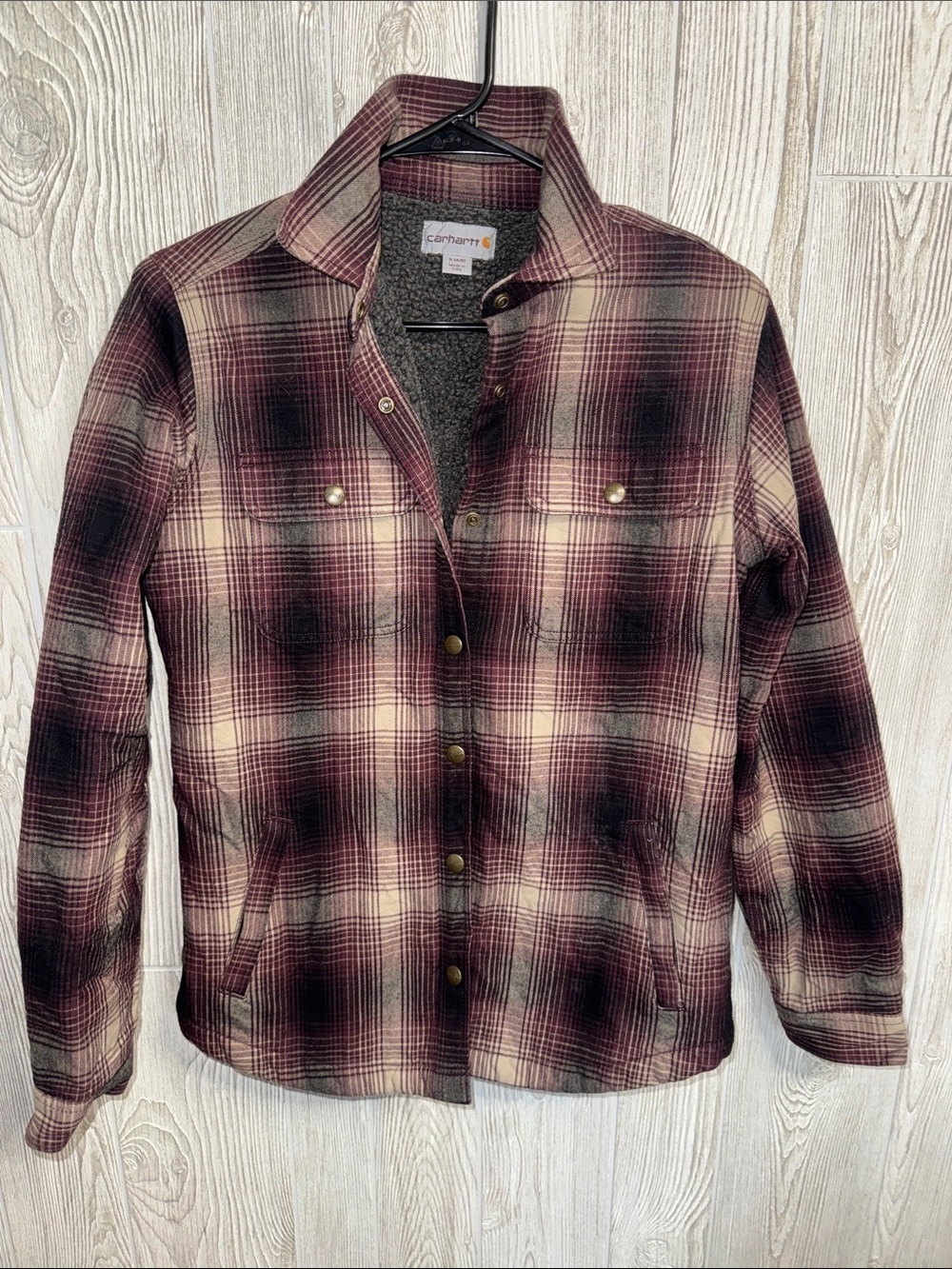 Carhartt Hubbard Sherpa Lined Burgundy and Cream Plaid Snap-Front Jacket